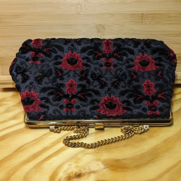 Vintage Verdi Textured Ladies Purse Black & Red Floral Design Snap Closure - Picture 4 of 6